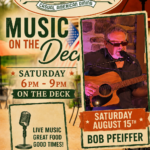 Poster for Spring Hollow Bar & Grille announcing 'Music on the Deck' with a guitarist photo; Saturday 6–9pm on the deck.