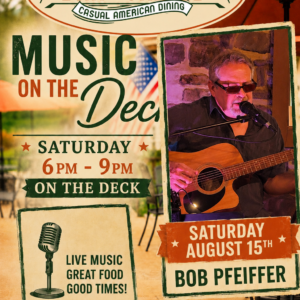 Poster for Spring Hollow Bar & Grille announcing 'Music on the Deck' with a guitarist photo; Saturday 6–9pm on the deck.