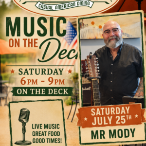 Promotional poster for Spring Hollow Bar & Grille announcing live music on the deck, Saturday 6–9 PM (Music on the Deck).