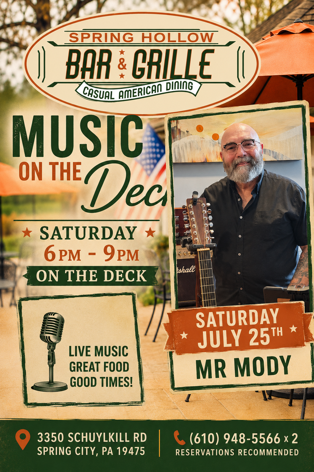 Promotional poster for Spring Hollow Bar & Grille announcing live music on the deck, Saturday 6–9 PM (Music on the Deck).