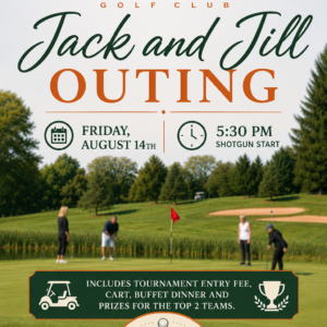 Poster promoting the Jack and Jill Outing at Spring Hollow Golf Club, with date, 5:30 PM shotgun start, and $79 per person.