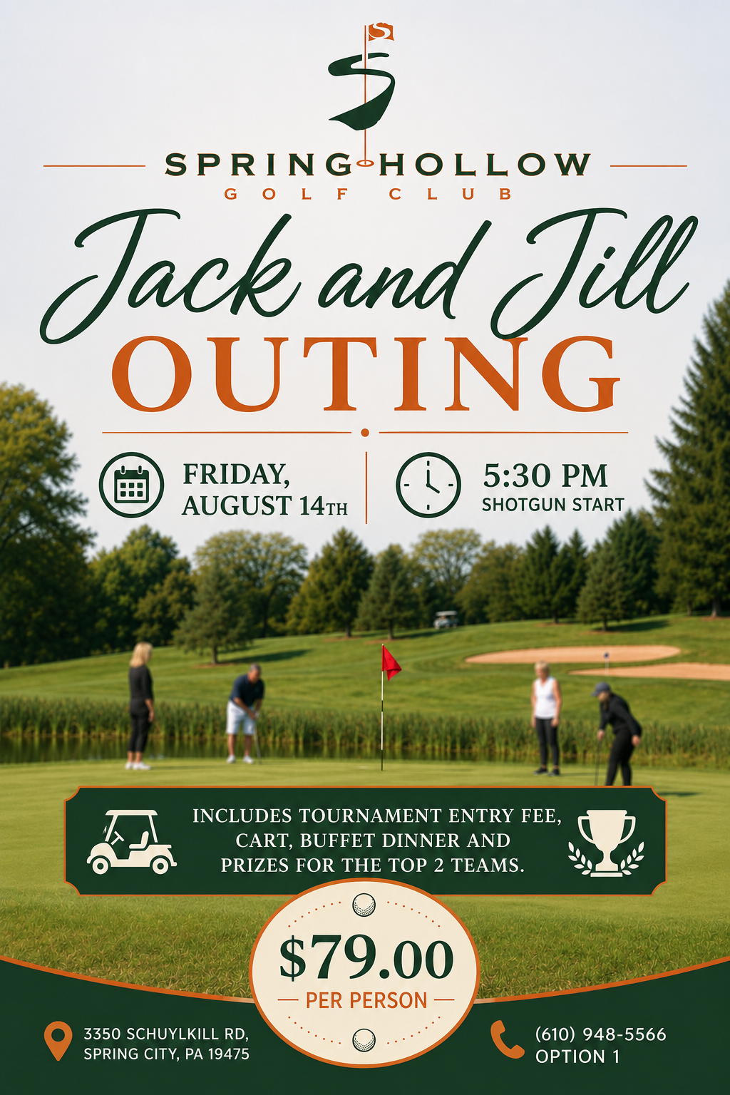 Poster promoting the Jack and Jill Outing at Spring Hollow Golf Club, with date, 5:30 PM shotgun start, and $79 per person.