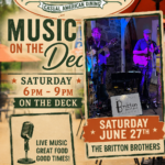 Poster for Spring Hollow Bar & Grille with 'Music on the Deck' event, Saturday 6pm–9pm, live band The Britton Brothers.