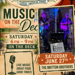 Poster for Spring Hollow Bar & Grille with 'Music on the Deck' event, Saturday 6pm–9pm, live band The Britton Brothers.
